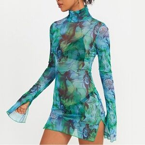 LIKE NEW Blue/Green Abstract Printed Mini Bodycon Mesh Dress - Small